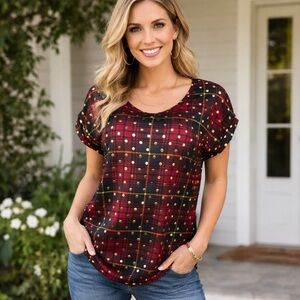 Rene Ricci Women’s Plaid Multicolor Sleeveless Top Shirt  With Gold Dots Size XL